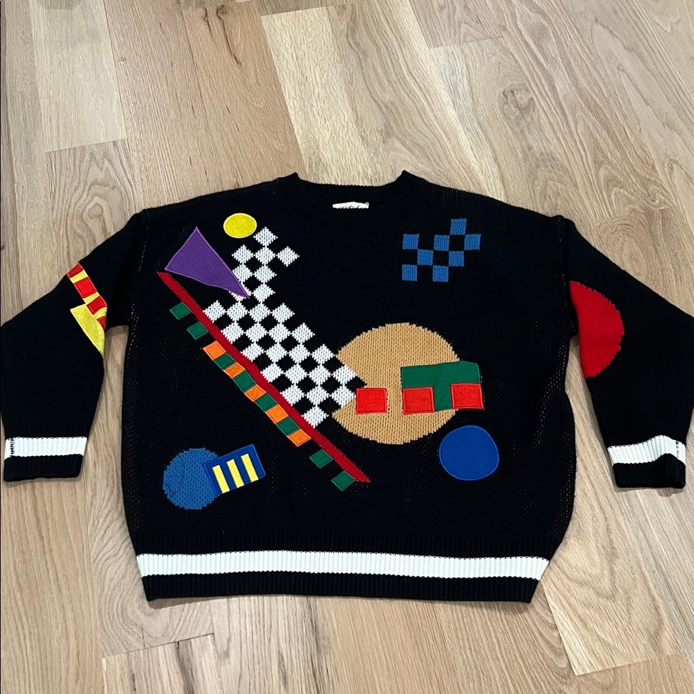 Listicle 1980s Vintage Black Sweater with Colorful Geometric Design Medium